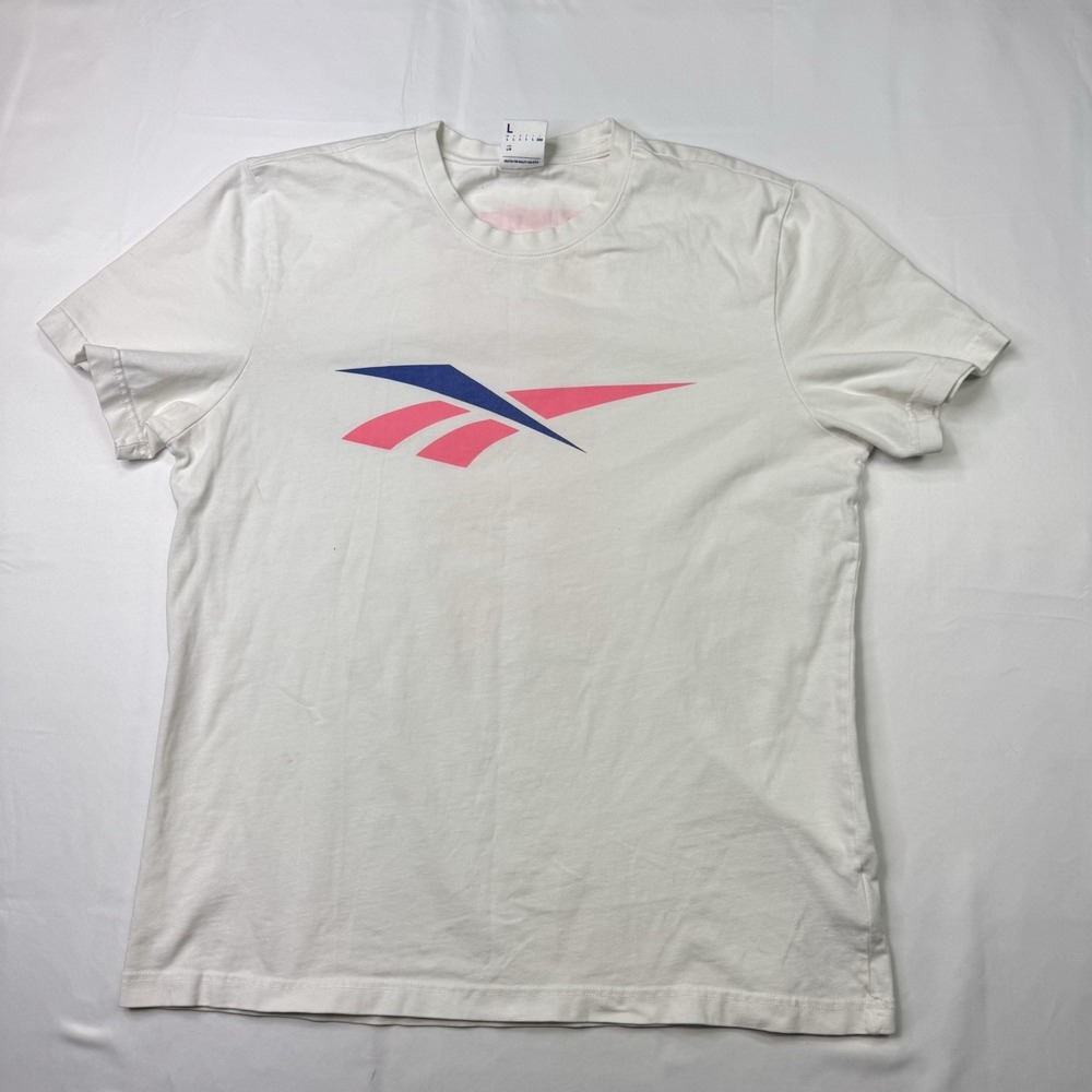 Vintage 90s Reebok Retro Pink Blue Big Logo T-Shirt Classic Sportswear Size L